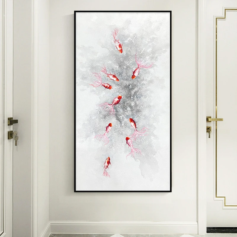 九鱼聚财|手绘油画装饰画新中式玄关过道背景墙挂画LDY-015