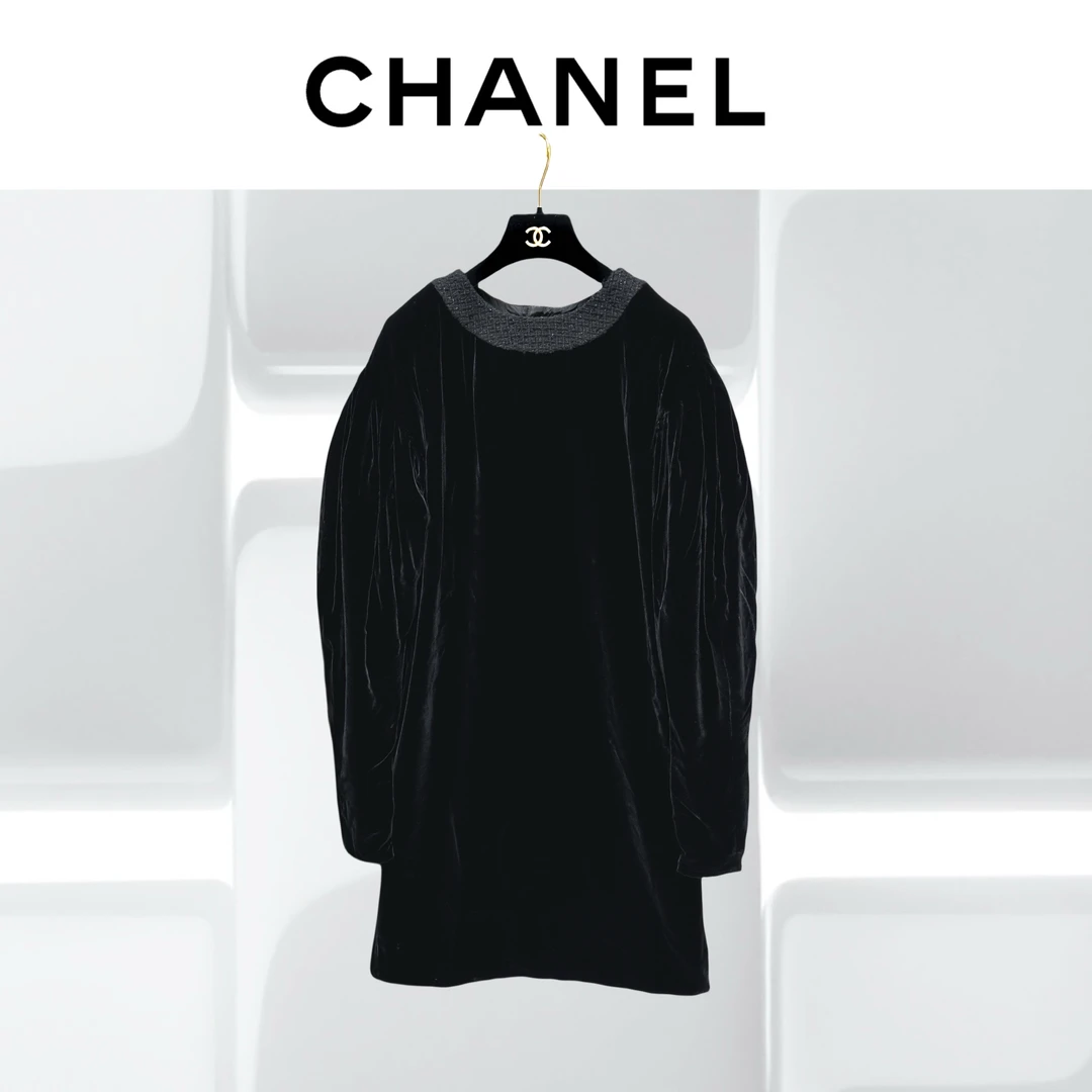 99新 Chanel/香奈儿 36码马术系列黑金丝绒圆领灯笼袖连衣裙