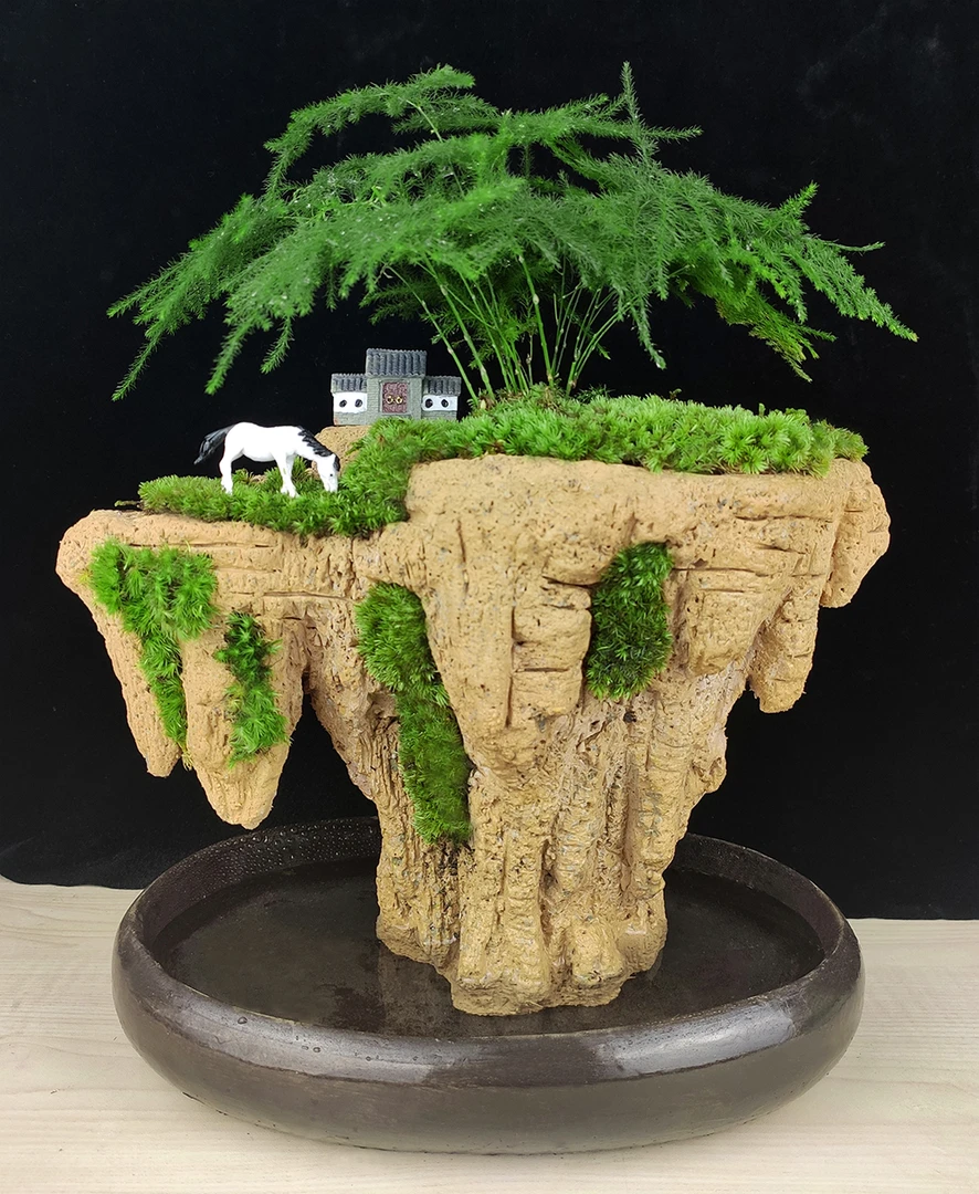 天空之城假山盆景奇石天然植物上水吸水造景石小流水绿植盆栽摆件