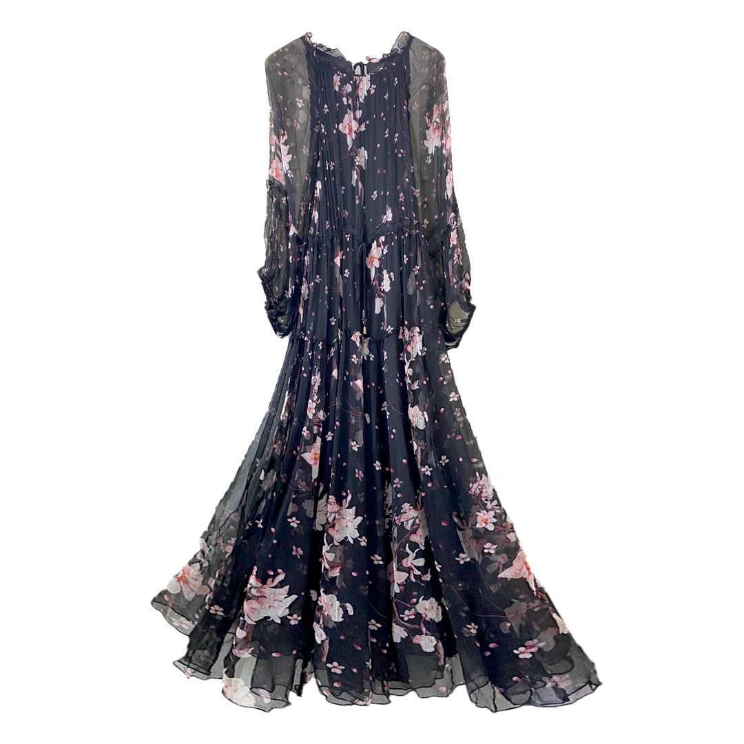 新款印花100桑蚕丝收腰连衣裙女百搭气质女装连衣裙