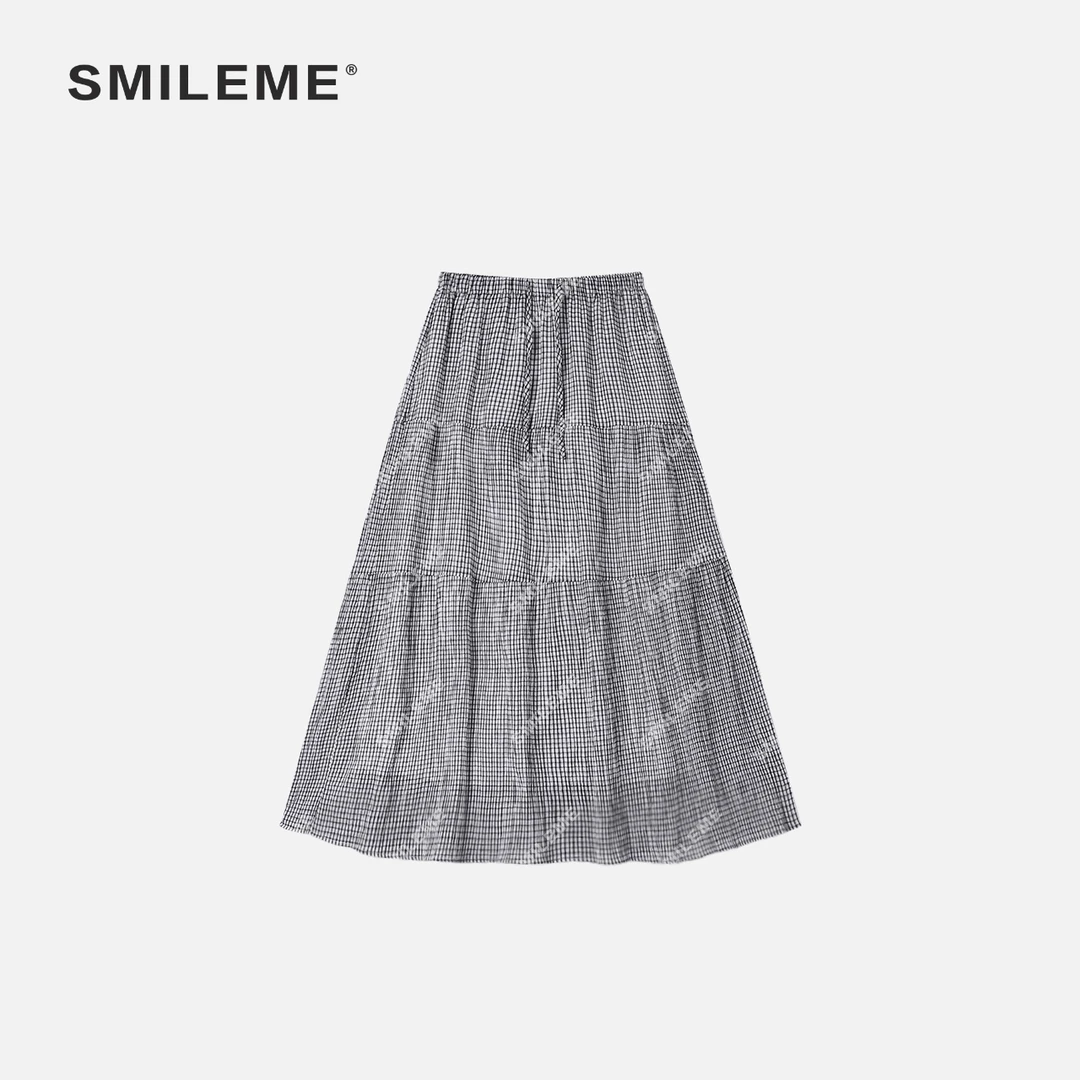 2-SMILEME【川泽织间】夏季新款全棉时尚黑白条纹百搭千鸟格半身裙