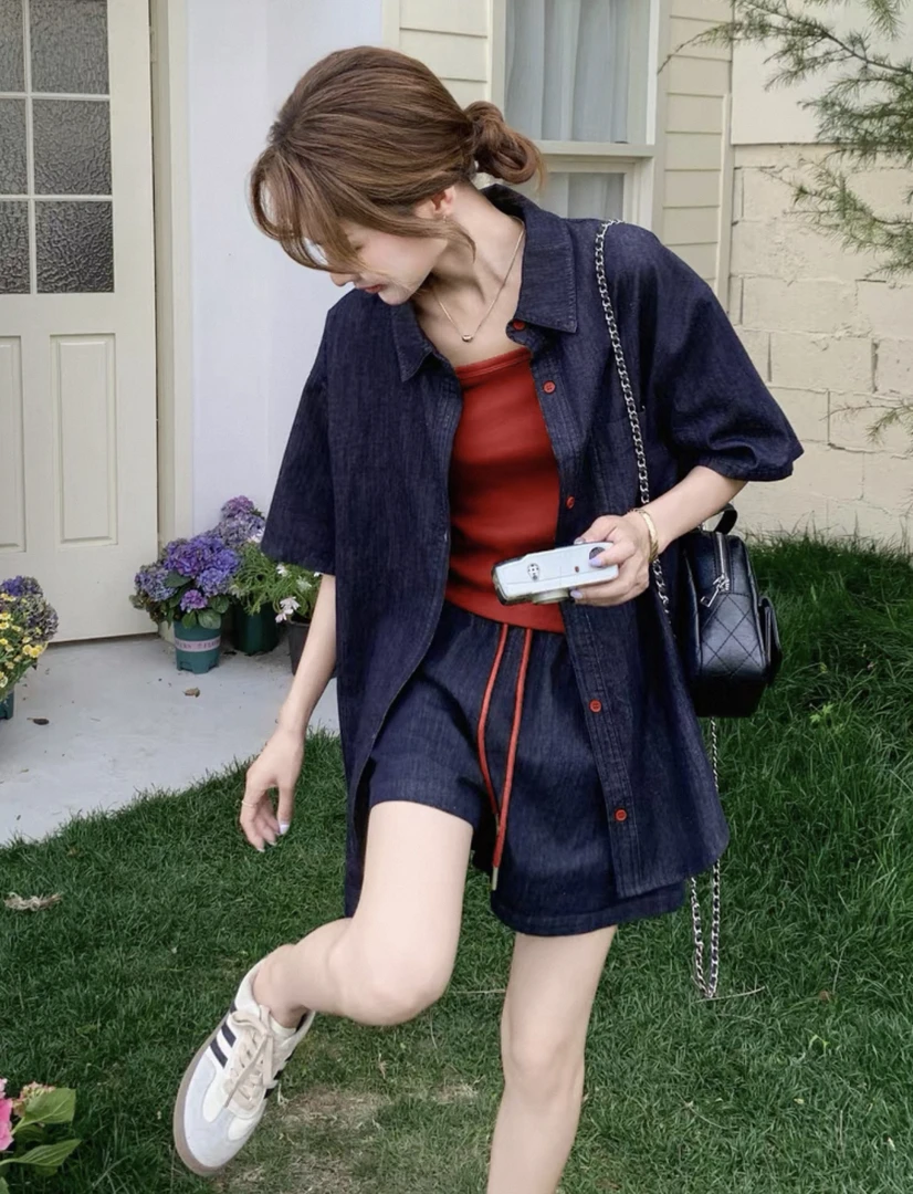 【李姑娘专属】5881韩系牛仔衬衫吊带短裤三件套装