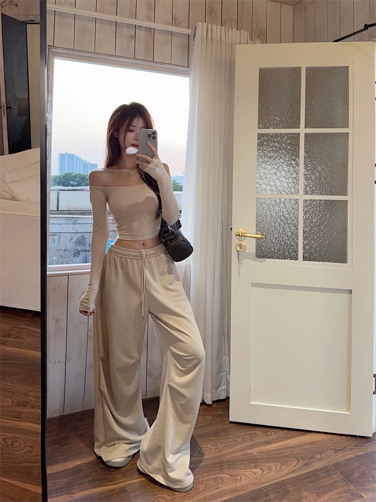 性感一字肩斜肩长袖修身显瘦T恤+直筒宽松阔腿长裤轻熟套装