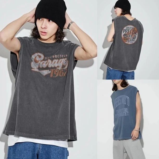 外贸男士美式夏季水洗棉宽松无袖背心透气高街时尚汗衫套头衫1050