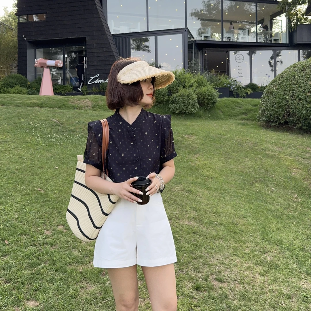 玳妮【碎花雪纺衫】夏季立领单排扣荷叶边花苞袖衬衫轻薄款休闲衬衣