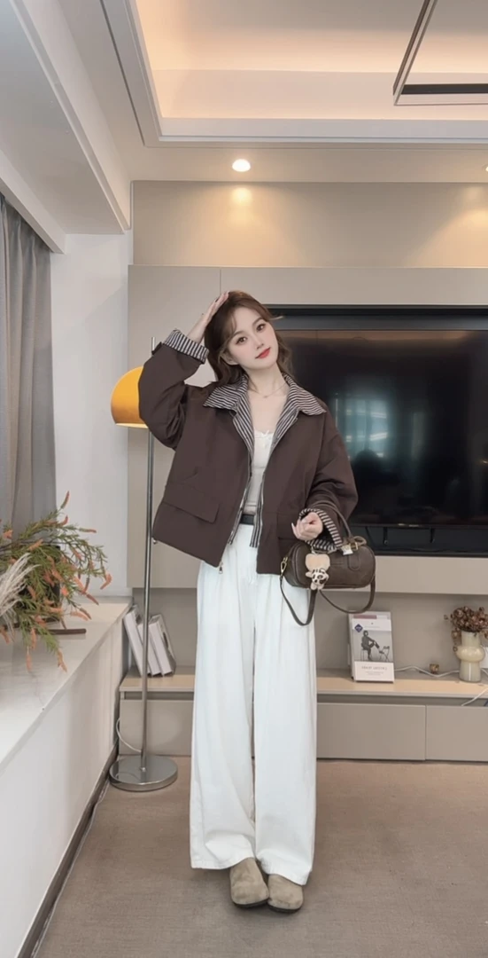 H142505-休闲百搭宽松显瘦翻领短款外套女假两件拼接夹克上衣