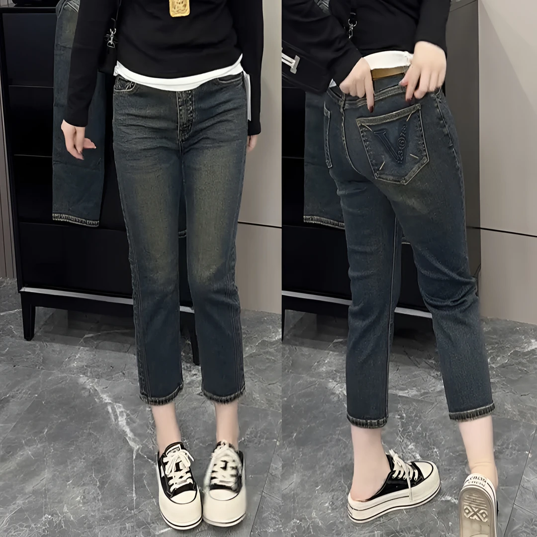大码复古港风八分水洗直筒牛仔裤2025秋季新款弹力百搭修身烟管裤