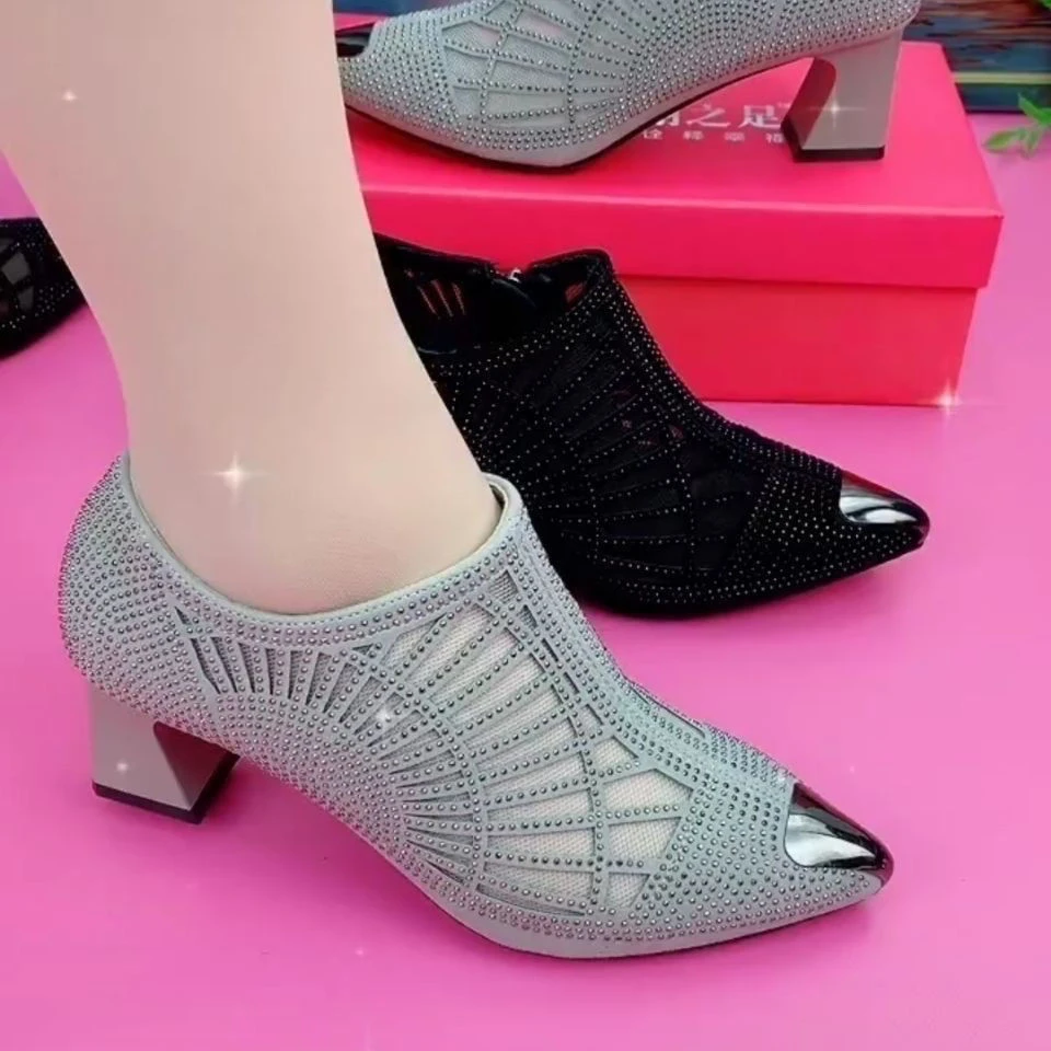 【官方正品】真软皮女网纱凉鞋镂空水钻透气低跟尖头女时尚女凉鞋