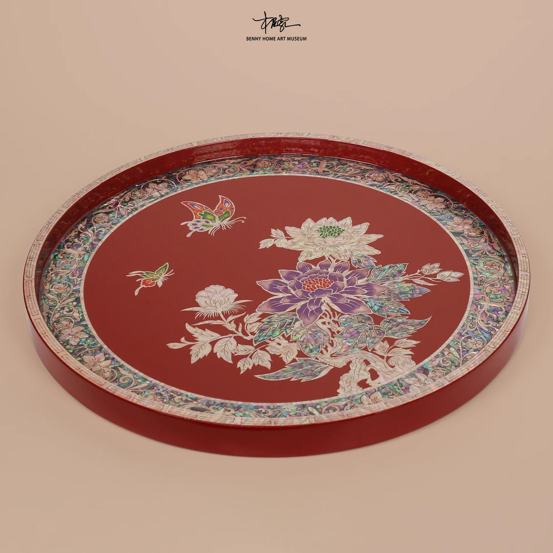 【本尼家】JH26非遗漆器平磨螺钿圆托盘摆件单面镂空雕刻装饰收纳