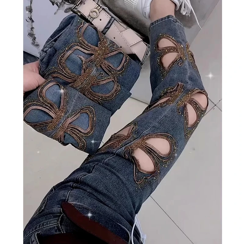 秋季薄款镂空大码超火直筒牛仔裤女高腰宽松显瘦小个子九分烟管裤