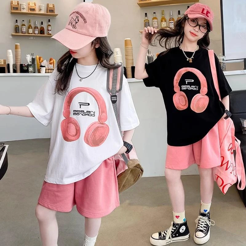 FAVMARTHA女童夏装恤套装中大童韩版拼色休闲卡通纯色字母短袖