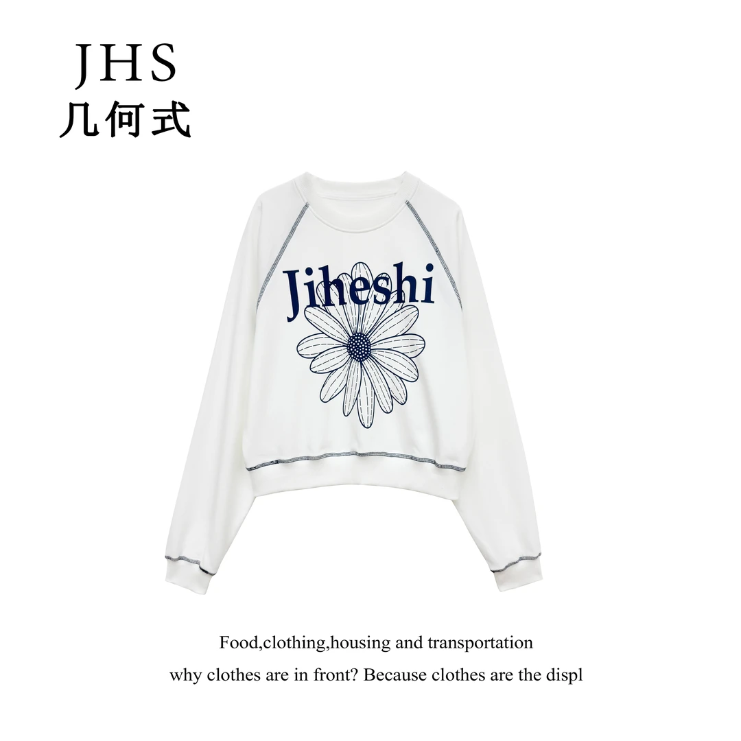 LC262-早秋新款花朵印花明线插肩款短款圆领卫衣秋季百搭长袖T恤