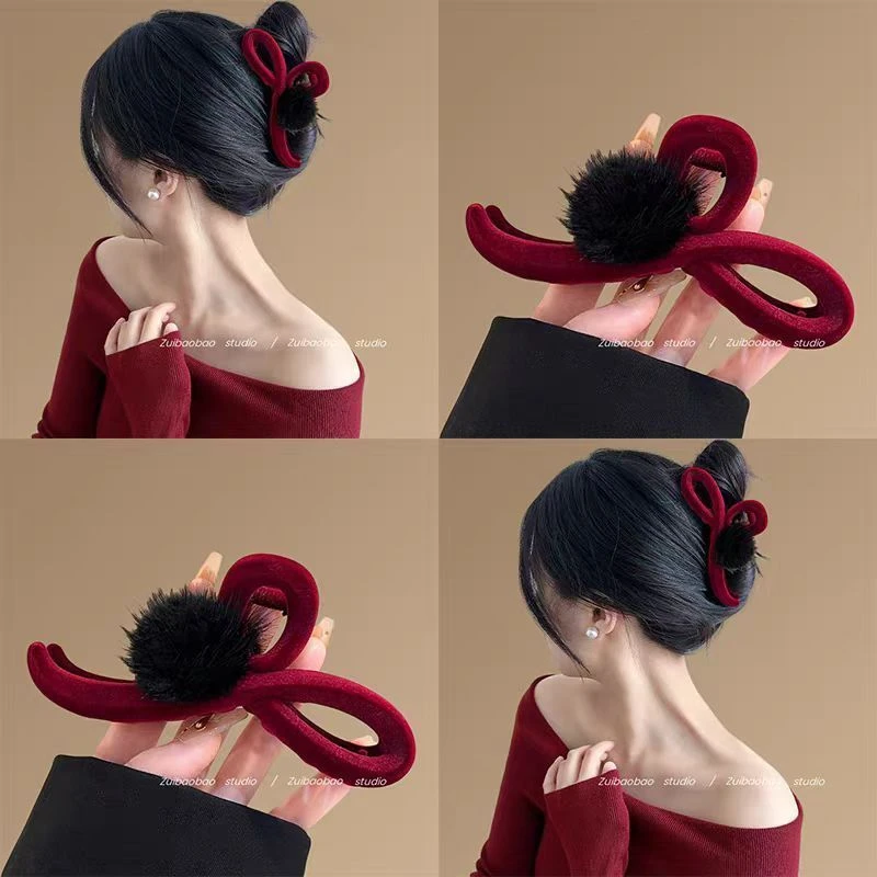 冬季毛毛抓夹新款红色高级丝绒鲨鱼大号夹子头饰后脑勺洋气发夹