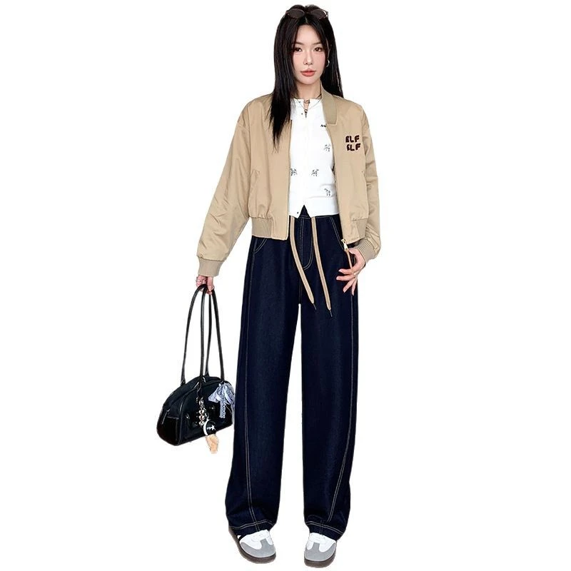 深蓝色明线弯刀高腰显瘦阔腿裤女2025春季高腰宽松休闲香蕉牛仔裤