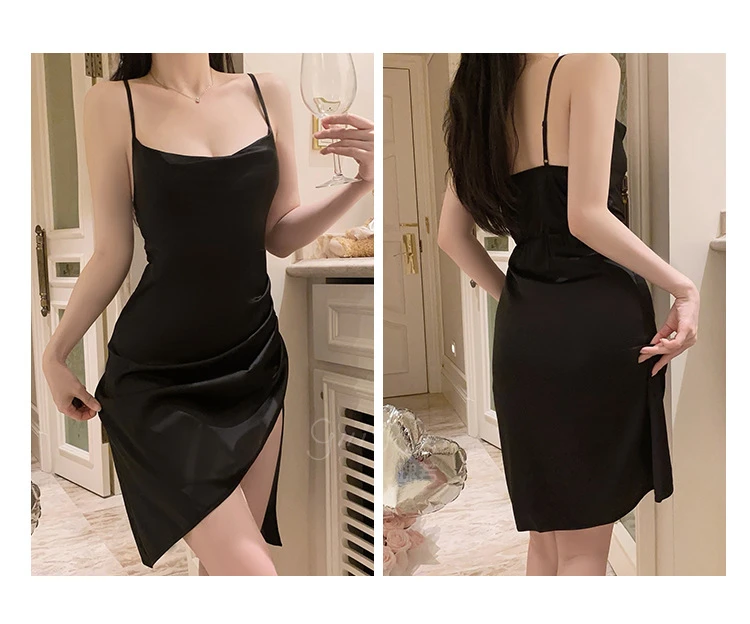 4495冰丝黑色纯欲吊带睡衣露背夏季气质修身连衣裙女大睡衣睡裙