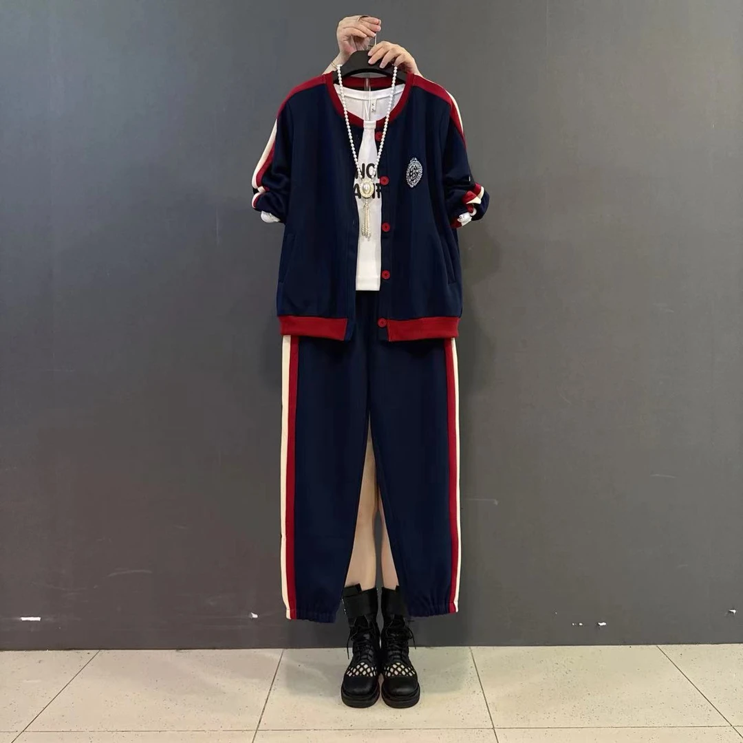 欧货秋季新款大码条纹拼接撞色圆领开衫长裤字母打底休闲套装