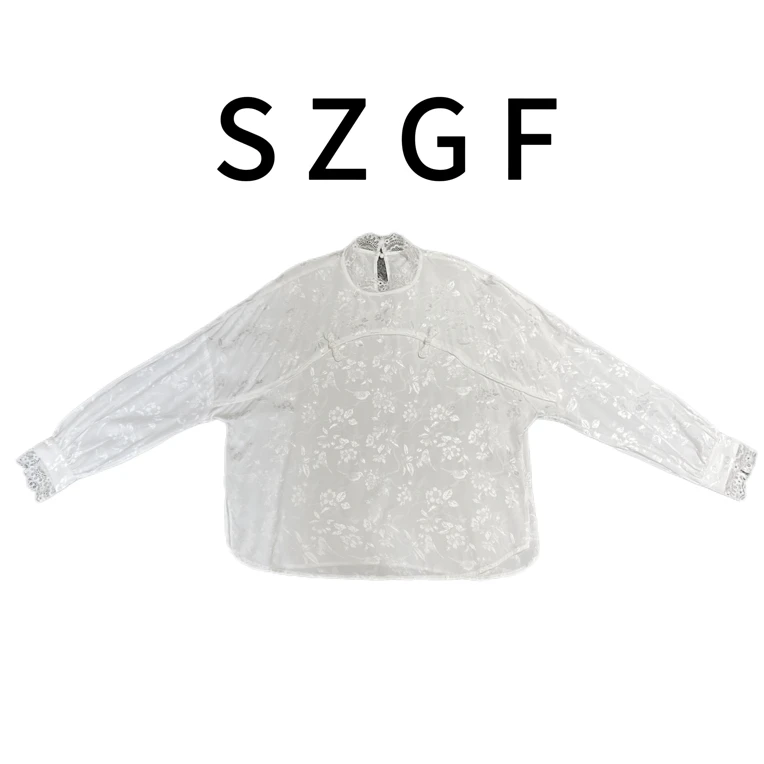 时尚国风百搭高级感新中式白色蕾丝边提花衬衣947