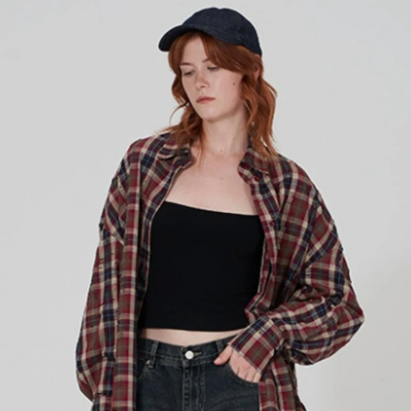 THE ENES春季B入美式宽松落肩个性破洞格纹长袖衬衫