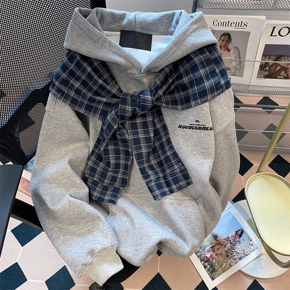 加肥大码300斤设计感假两件格子披肩连帽卫衣男女秋冬美式外套潮2