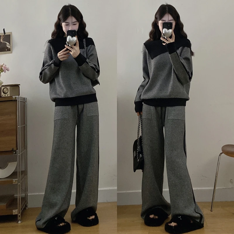 大码胖mm女装秋冬新款撞色大翻领长袖毛衣慵懒风软糯显瘦针织套装