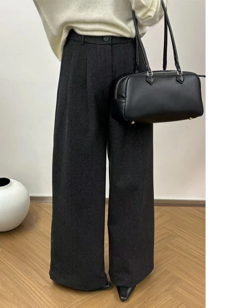 高级感灰色毛呢阔腿裤女秋冬加绒加厚高腰显瘦宽松直筒垂感西装裤