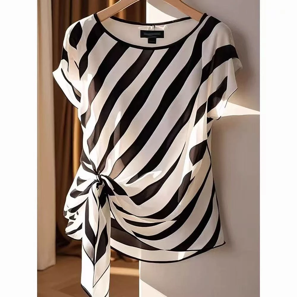 910（安言服饰）系带条纹短袖飞飞袖衬衫打底衫遮肚夏季欧若智性风