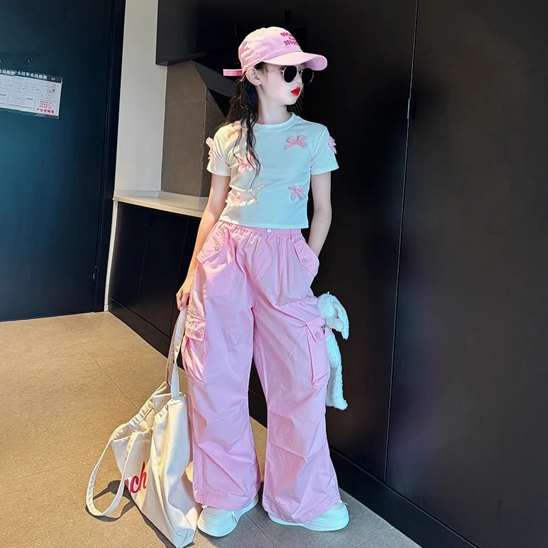 女童工装裤套装夏薄款2025新款儿童甜美裤子女大童网红炸街阔腿裤