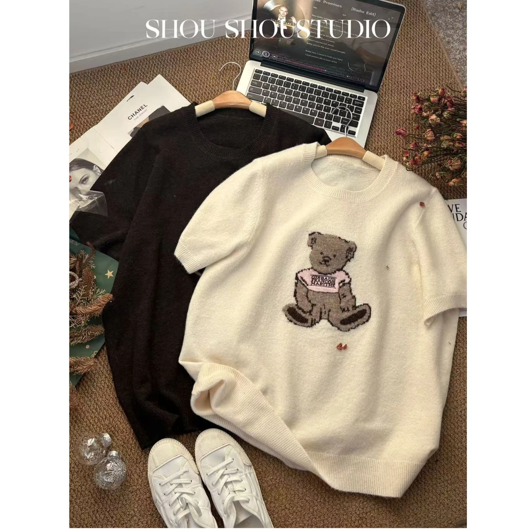 【瘦瘦】小熊毛衣-大码圆领羊毛刺绣针织百搭毛衣短袖S02414