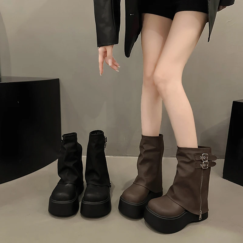 松糕软底美拉德棕色短筒靴子女2025年秋冬季新款马丁靴厚底裤管靴