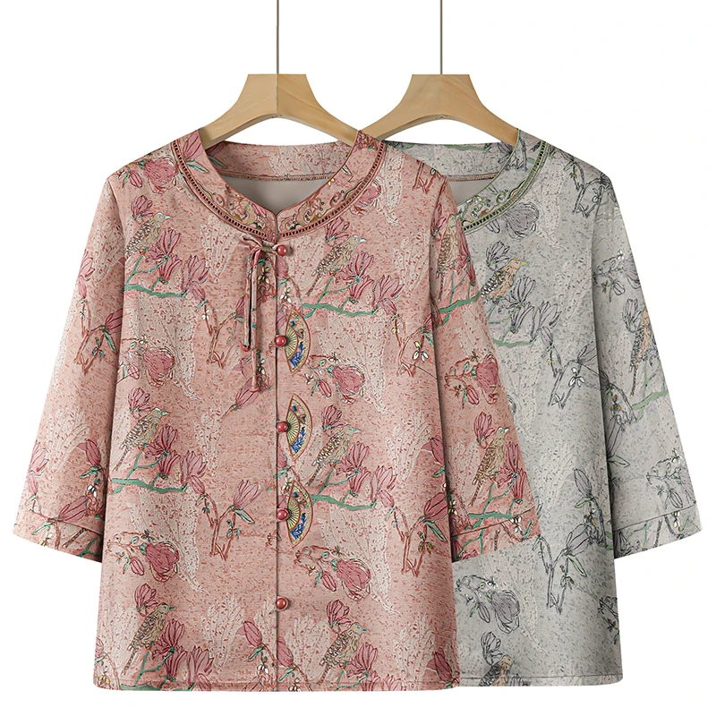印花衬衫衬衣小衫七分袖中老年女装夏季宽松60-70岁老人夏装气质