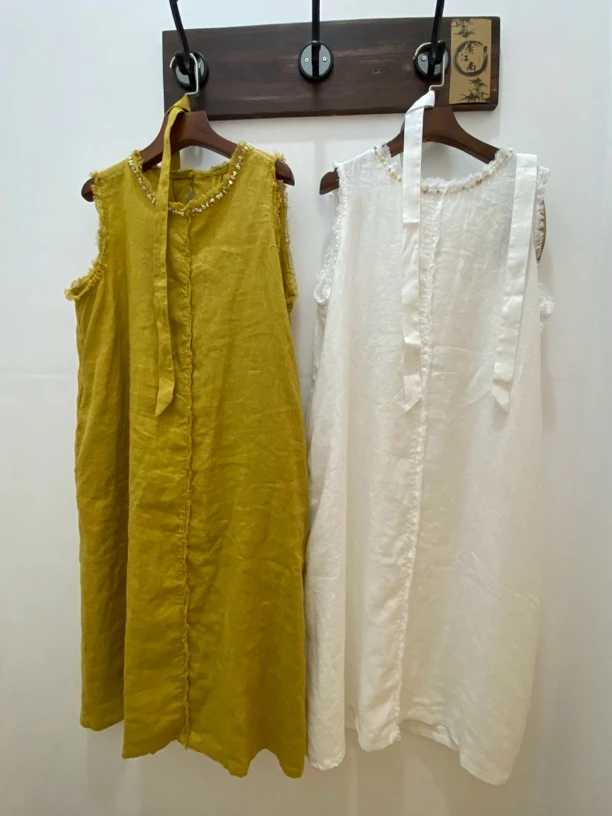 夏季新款复古浪漫钉珠毛边亚麻无袖气质百搭连衣裙