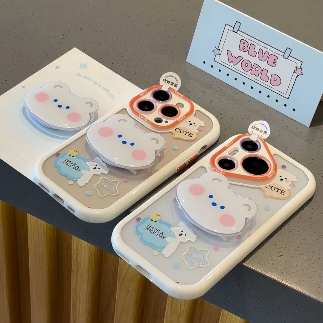 夕与空CUTE白狗狗白熊支架适用苹果16手机壳华为vivo小米15oppo套