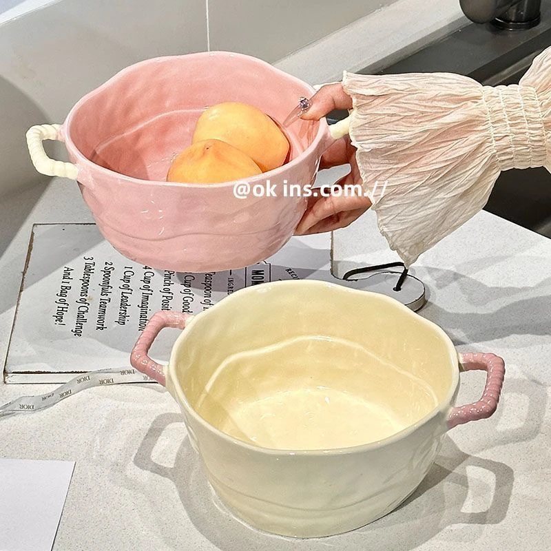 陶瓷ins不规则双耳汤碗泡面家用沙拉餐具水果高颜值螺蛳大容量
