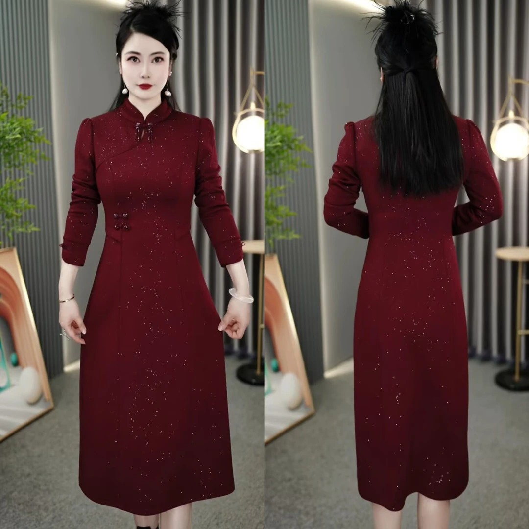 2024冬季国风优雅气质显瘦加厚绣花长袖中长款连衣裙M-5XL