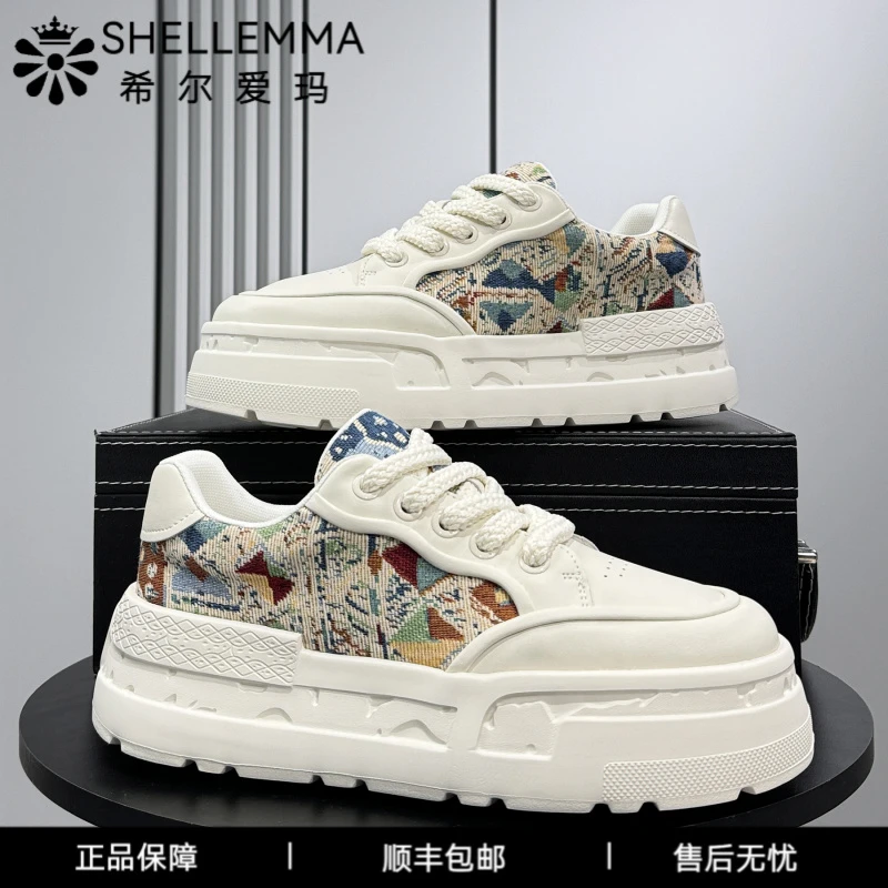 希尔爱玛男鞋新款夏季透气印花板鞋潮牌厚底小白鞋内增高松
