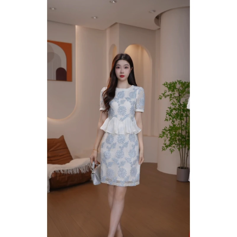 【蒂妮佳】2070夏季新款气质收腰短袖显瘦连衣裙