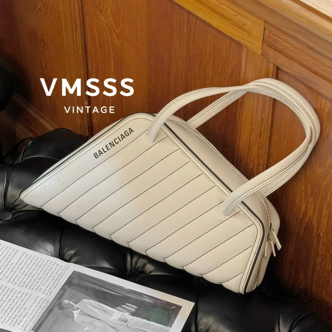 95新 Balenciaga/巴黎世家 白色不规则外缝线牛皮单肩包/24047