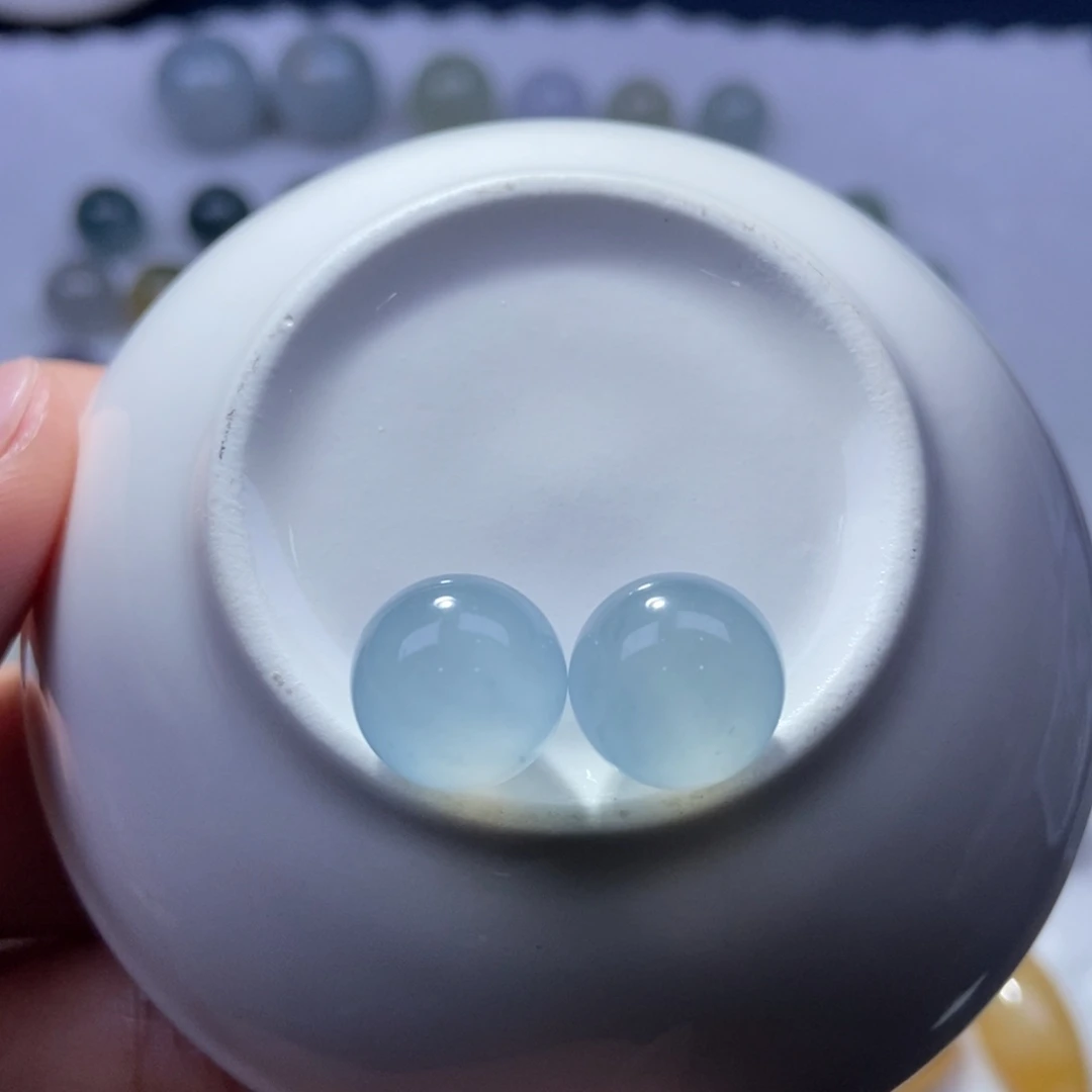 翡翠散珠翡翠圆珠 高冰天空蓝一对
