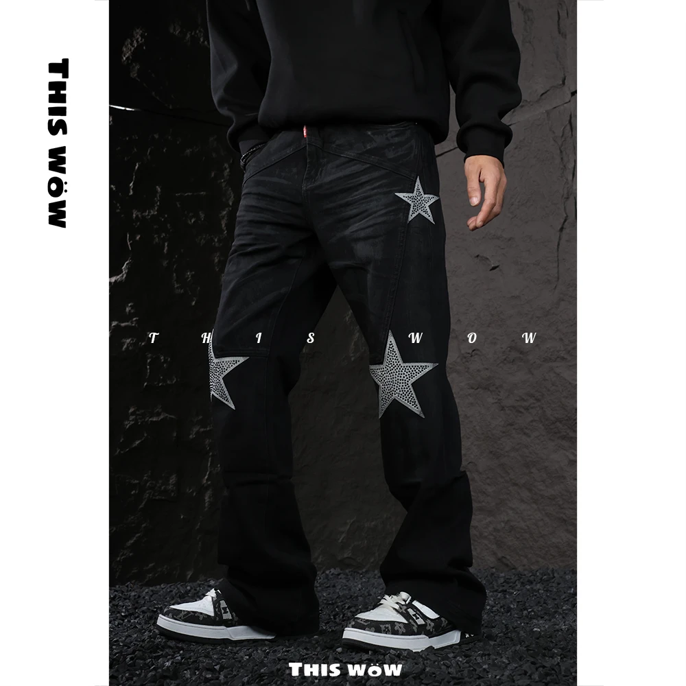 【星星烫钻修身微喇裤】THISWOW峰哥同款微弹牛仔裤美式高街复古裤