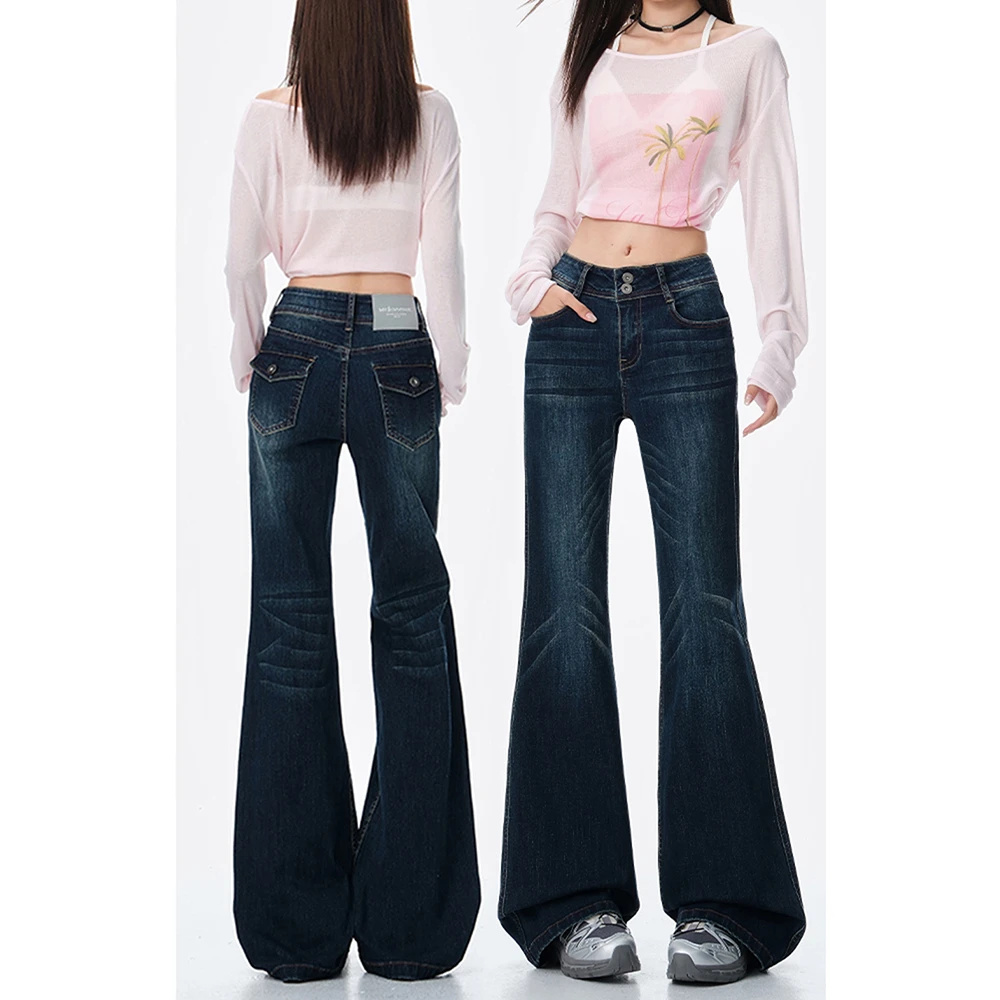 美式复古深蓝色微喇牛仔裤女秋新款辣妹弹力修身显瘦不贴腿喇叭裤