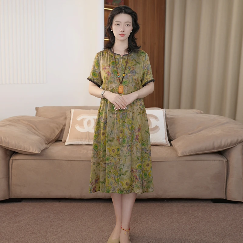 2025夏七夕浪漫大牌杭州真丝连衣裙女气质妈妈桑蚕丝裙子