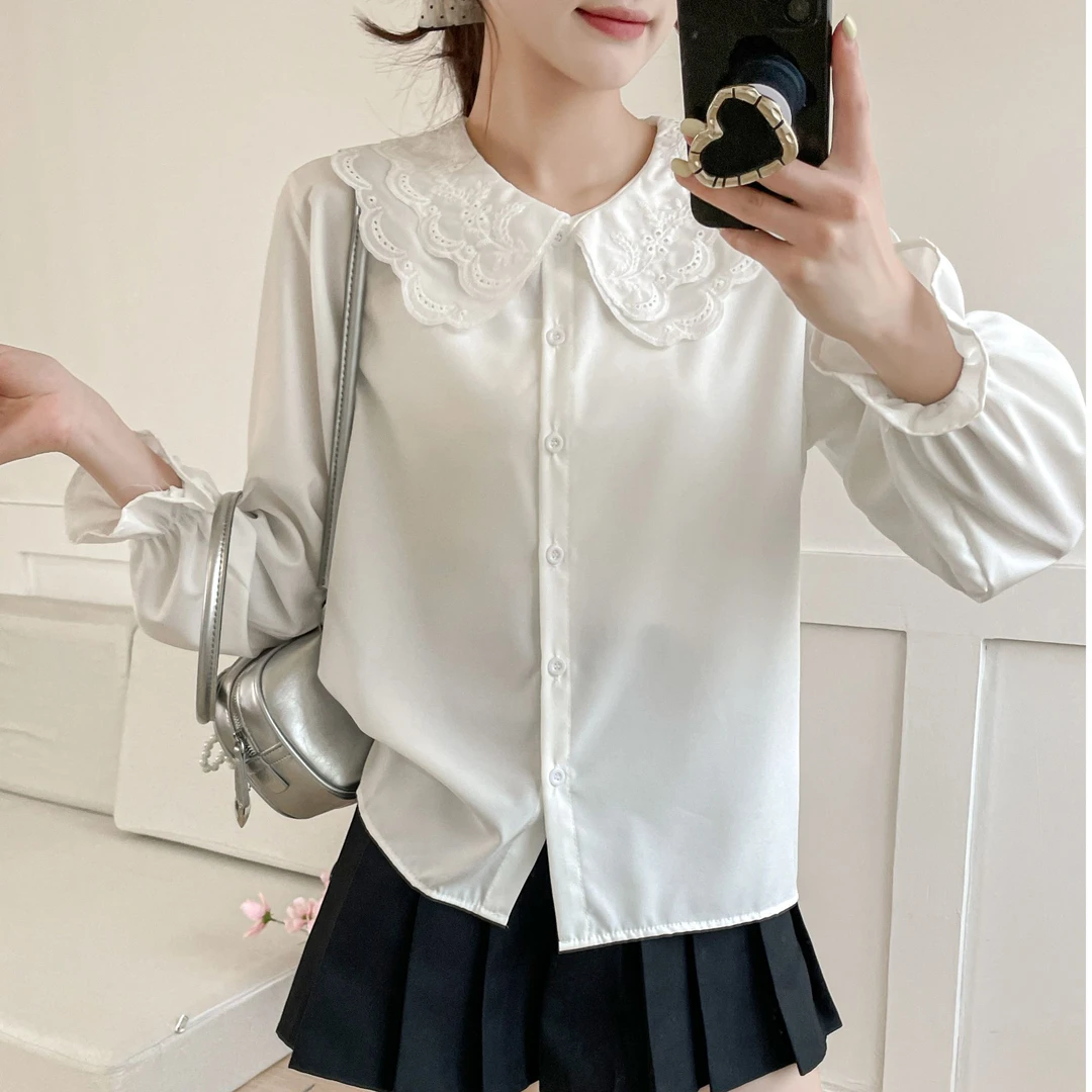 娃娃领上衣女内搭薄款韩版宽松减龄洋气百搭甜美叠穿白衬衫春秋