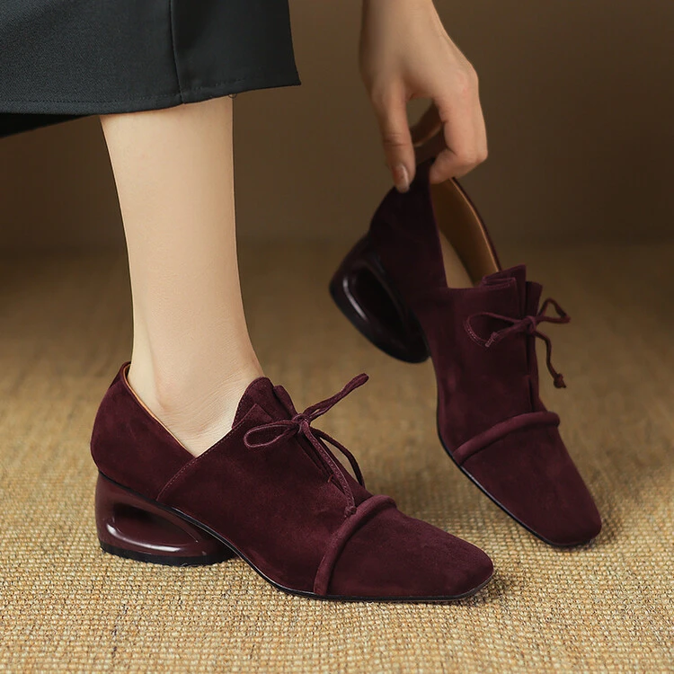 羊翻皮~5cm春秋新款休闲百搭软底粗跟方头单鞋女法式气质真皮女鞋