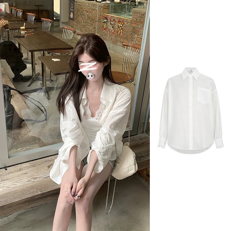 MosesQueen/魔西女王 基础款纯棉白色衬衫慵懒风气质长袖衬衣开衫
