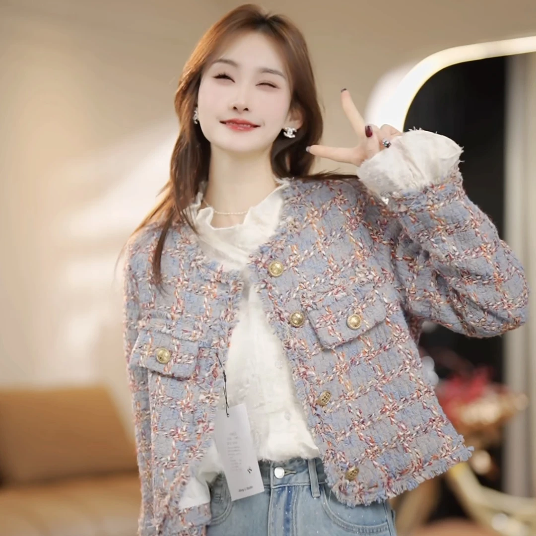 新品【Shaw Eleven】2025春款流苏边蓝色格子短外套88261