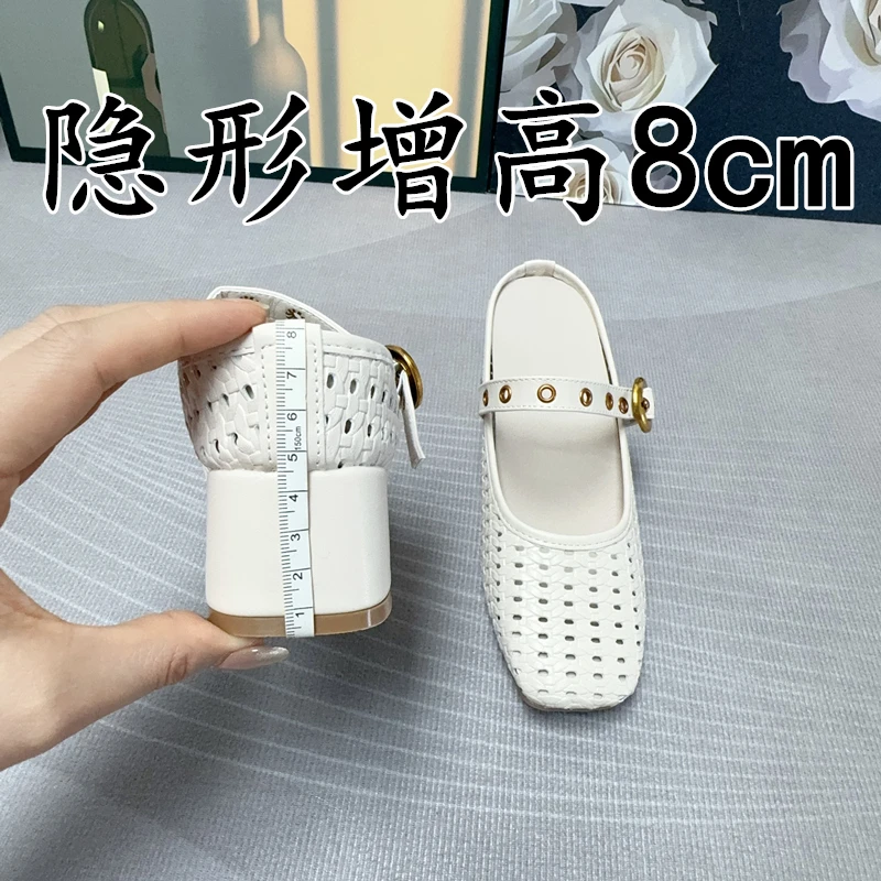 牛皮版~法式镂空包头半拖鞋女内增高粗跟一脚蹬凉拖休闲高跟凉鞋