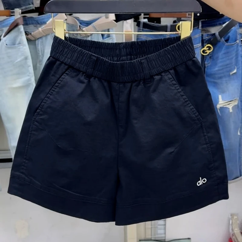 藏青色休闲短裤女2025年夏季新款高腰休闲宽松显瘦松紧腰阔腿裤子