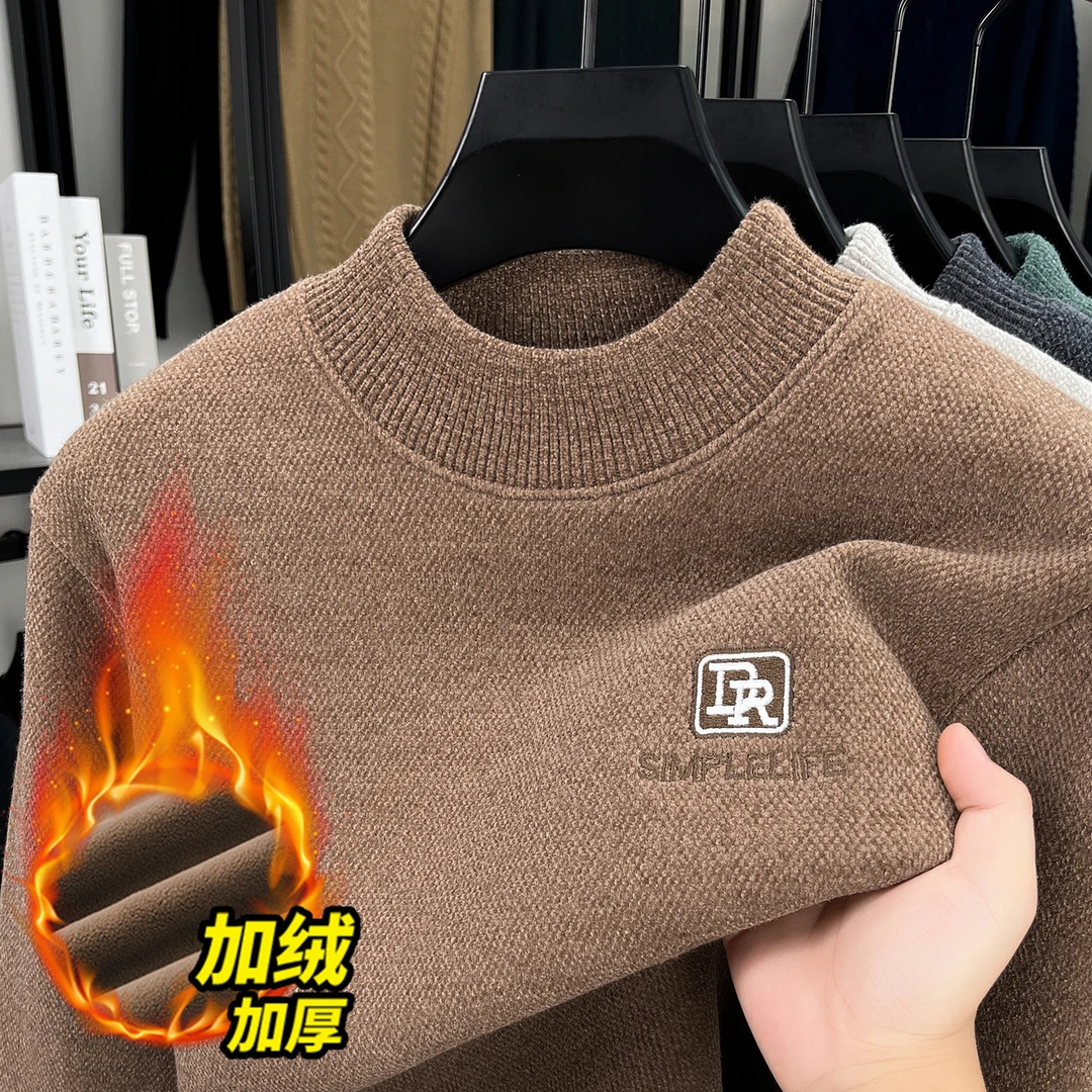 水貂绒半高领针织衫男士秋冬季潮牌刺绣打底毛衣保暖宽松大码内搭