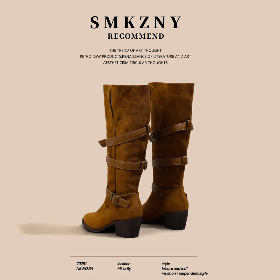 不过膝长靴2025新款秋冬长筒靴美拉德高跟尖头高筒骑士西部牛仔靴