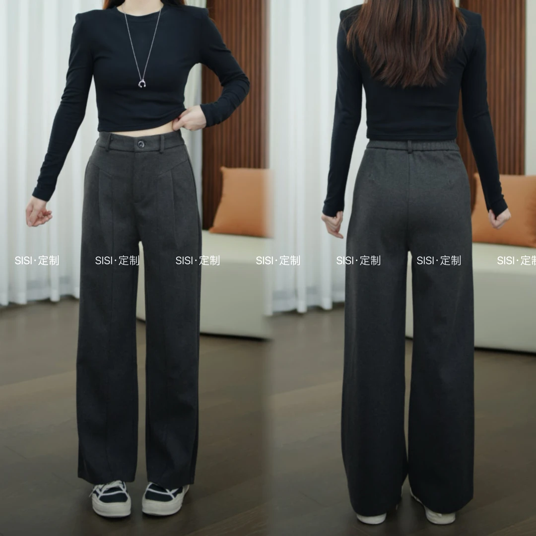 纯色窄版阔腿裤秋冬透气高腰休闲裤毛呢直筒裤微弹拉链长裤